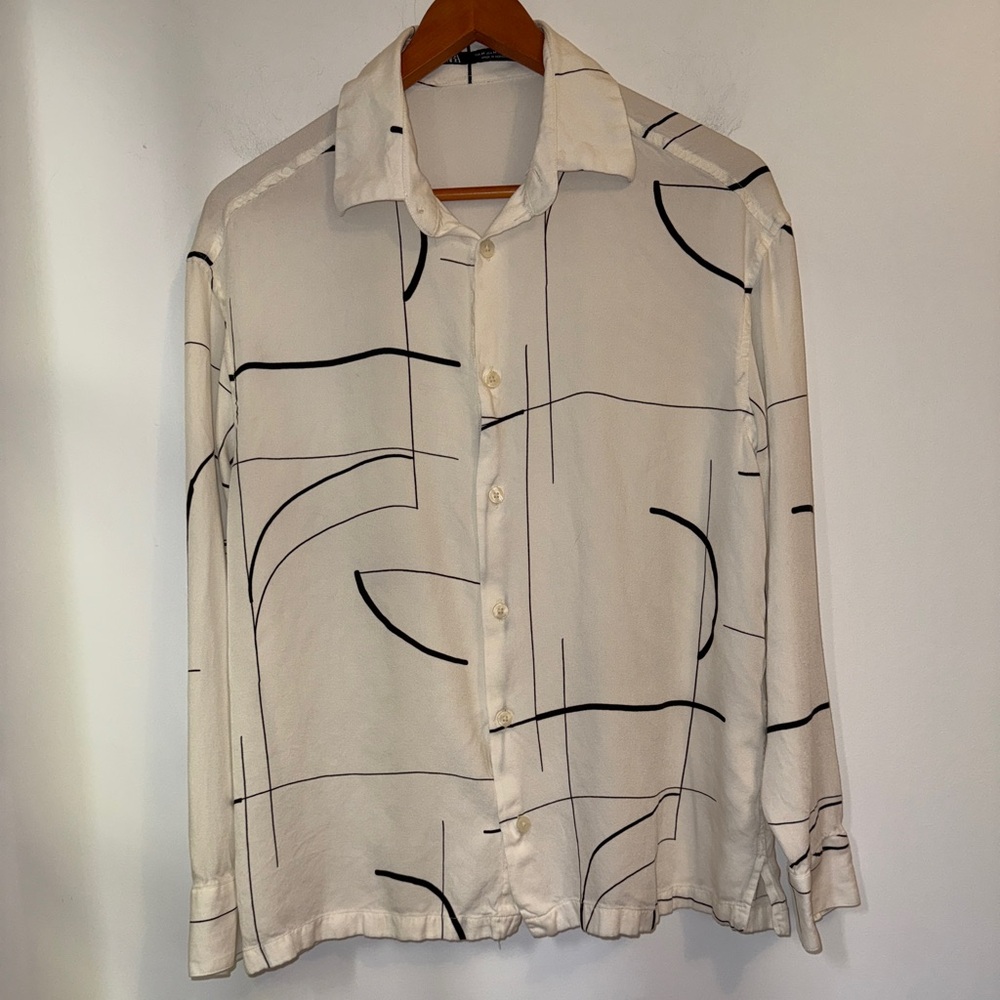 Zara Man White Black Abstract Line Print Button-Up Shirt Size M - Picture 3 of 13